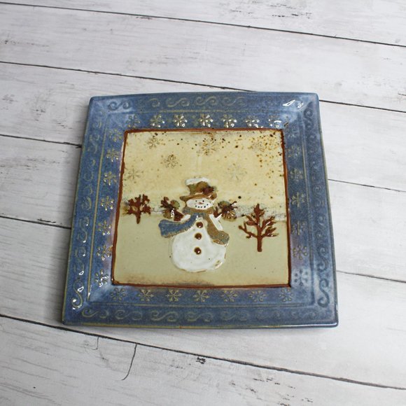 St. Nicholas Square Snowman Christmas Platter Plate 9.25" Blue - Picture 3 of 6